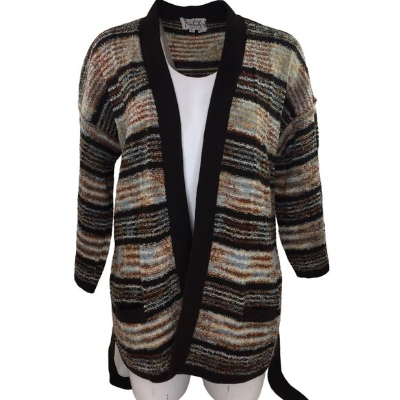 Vintage Rochelle Womens Cardigan Wrap Sweater Brown Striped Cream Blue Size XL - Picture 2 of 10